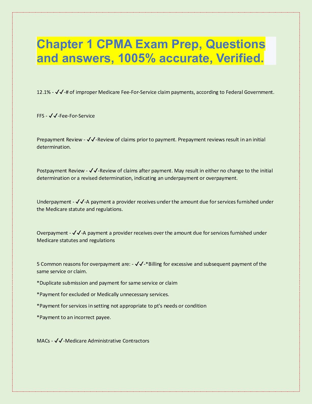 Preview image for Chapter 1 CPMA Exam Prep, Questions  and answers, 1005% accurate, Verified.